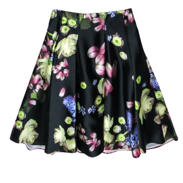 Ted Baker - Black Digital Floral Print Pleated Midi Skirt Sz 4