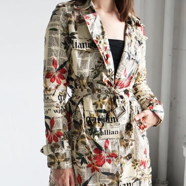 John Galliano 2000s Gazette and Floral Print Trench Coat with Belt FR 36 XS S Down Satin Lining Button Front Rain Newspaper News Print Y2K 