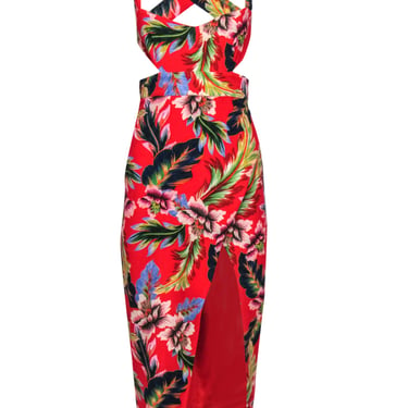 NBD x Naven - Red Tropical Print Crisscross Back Strap Maxi Dress Sz XS