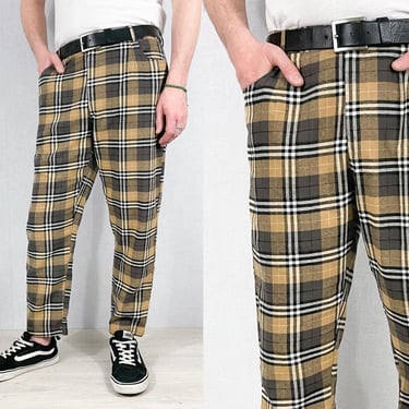 Mens Tartan Trousers Black & Brown - Check Sta Press Style - 60s Mod - Brushed Cotton 