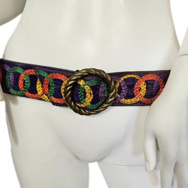 1970's Rainbow Embroidered Purple Velvet Hippie Belt I Sz Adj I 2