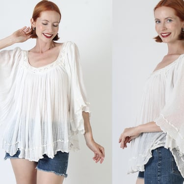 Sheer Kimono Sleeve Coverup Tunic, Thin White Crochet Top, Vintage Mexican Lightweight Pull On Blouse 