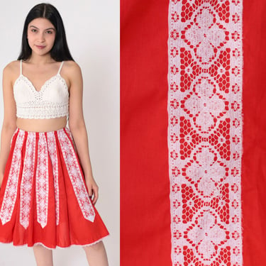 Red Lace Trim Skirt 80s Prairie Mini Skirt White Floral High Waisted Miniskirt Boho Summer Hippie Prairiecore Vintage 1980s Extra Small xs 