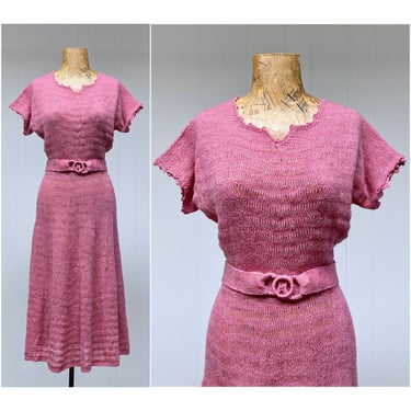 Vintage 1960s Hand Knit Bombshell Dress, Dusty Rose Cap Sleeve Rockabilly Sweater Dress with Flared Skirt, Medium 