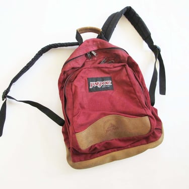 90s Jansport Backpack Leather Bottom - Vintage 1990s made in USA Red Nylon Rucksack School Bag 