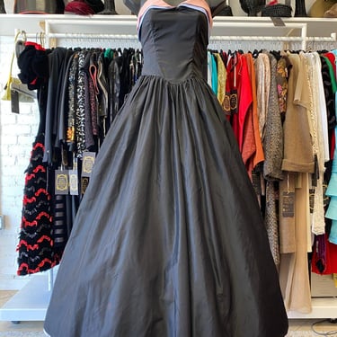 vintage 1950s strapless prom dress black taffeta pink and blue train 50s formal 