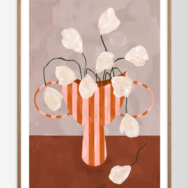 White Flowers in Striped Vase Framed Print
