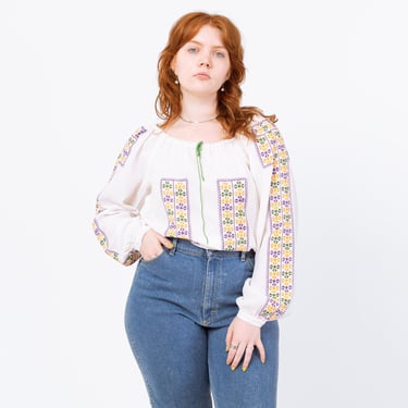 Vintage 70s Folk Embroidered Peasant Blouse - Large | Boho White Cotton Traditional Vyshyvanka Balloon Sleeve Festival Top 