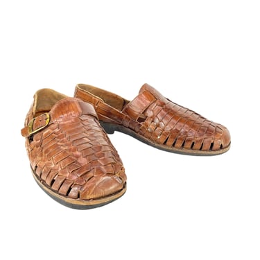 Vintage Men's Huaraches Sandals Brown Leather Woven with Brass Gold Buckle Size 10 Square Toe 