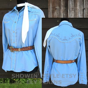 Ely Plains Womens Vintage Western Shirt, Medium Blue, Embroidered Rodeo Queen Blouse, Cowgirl Top, Size 9-10, Small (see meas. photo) 