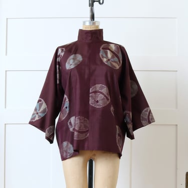 vintage Japanese silk fabric arts tunic • dark burgundy purple & silver kimono sleeve OOAK blouse 