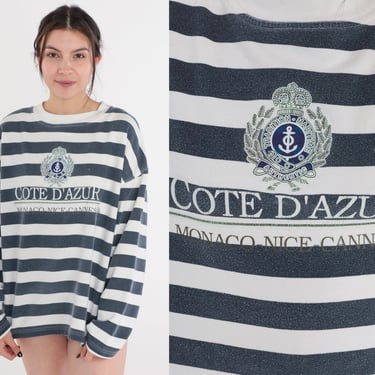 Cote D'Azur Shirt 90s France T-Shirt French Riviera Monaco Nice Cannes Graphic Tee Striped Long Sleeve Tourist TShirt Vintage 1990s Large L 