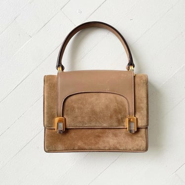1970s Gucci Brown Suede and Leather Bag – Structured Lock Closure and Gold Hardware Purse, Small Vintage Accessory 