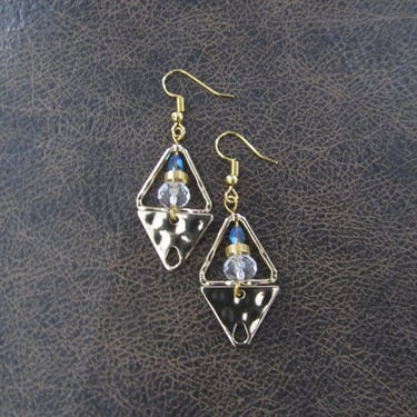 Hammered brass and crystal triangle earrings 