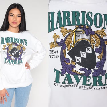 Harrison's Tavern Sweatshirt 90s Suffolk England Shirt Medieval Knight Graphic Tee Tourist Travel 1990s Vintage White Bar Crewneck Large L 