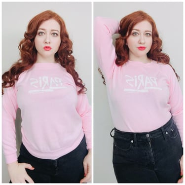 1980s Vintage Paris Souvenir Pastel Sweatshirt / 80s / Eighties Cotton / Poly Knit Pink Jumper / Size Medium - Large 