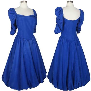 Vintage 80s Royal Blue Prom Dress Puff Sleeve Full Bubble Skirt Prom Party Gown L Large Princess Ballgown 