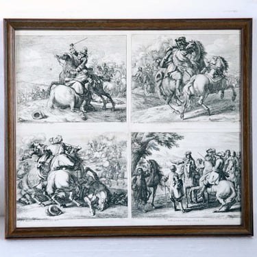 1700's Antique After JAN VAN HUCHTENBURG & Adam Van Der Meulen Etchings Prints, Four Battle Scenes Matted and Framed Art 