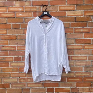 escada sport white linen stand collar blouse  / l large 