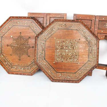 Carved Wood Hexagon Side Tables with Inlay and Fold Down Base Made in India  (2 Available and Sold Individually) 