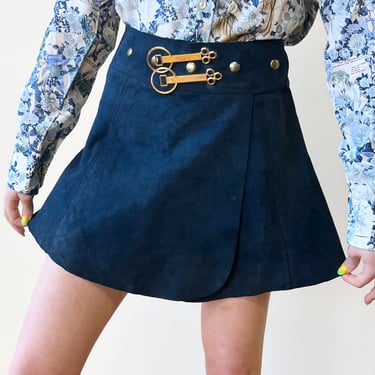 60’s Navy Blue Suede Wrap Snap Mod Suede Micro Mini Skirt Metal Accents