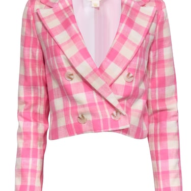 Maeve - Pink & Cream Plaid Double Breasted Crop Blazer Sz XS