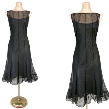 VINTAGE Y2K 00s Illusion Black Sheer Mesh Over Satin Slip Dress | 2000s Layered Stretch Mesh Formal Party Dress | VFG 