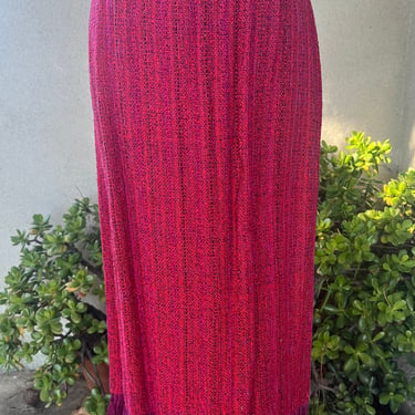 Vtg boho knit skirt red purple S/P fringe hand woven by Zonda Nellis 