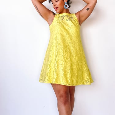 1990s Here Comes The Sun Yellow Lace Dress, sz. M/L