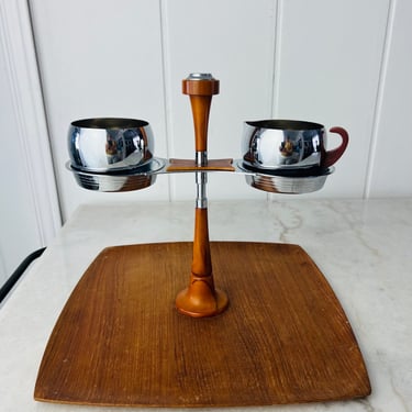 Vintage Glo-Hill Gourmates Coffee Serving Tray with Cream and Sugar Bowl, Bakelite Handle Teak Tea Tray with Chrome Stand, Made in Canada 