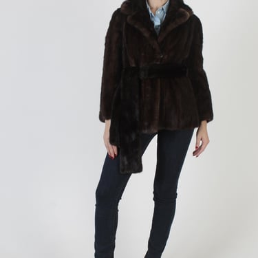 Mahogany Mink Coat With Belt, Vintage Mid Length Trench Jacket, Womens Real Fur Belted Overcoat 