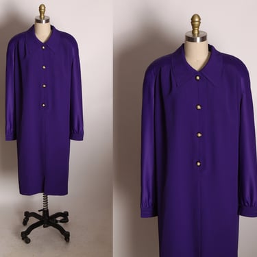 1970s Purple Long Sleeve Gold Button Up Front Knee Length Shift Dress by Lilli Ann -L 