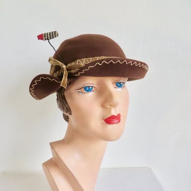 1930's Chocolate Brown Small Brim Cloche Style Hat Beaded Insect Animal Trim Velvet Ribbon Bow 30's Millinery Art Deco Era Nicholas Ungar 