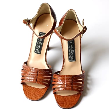 Unworn 1970s Snakeskin Strappy High Heel Sandals - Vintage Shoe Strings Dress Shoes - Size 5.5 