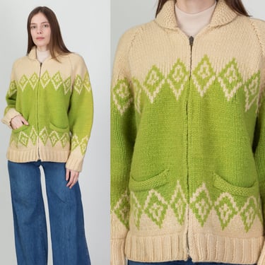 70s Boho Cowichan Cardigan Jacket - Men's Medium, Women's Large | Vintage Chunky Southwestern Knit Zip Up Pocket Sweater 