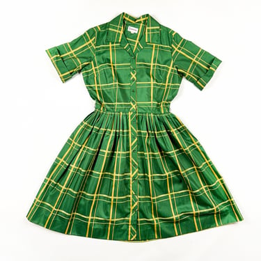 1950s Country Miss Green and Yellow WIndow Pane Plaid Day Dress / Fit and Flare / Western / Shirt Dress / 30 Waist / Short Sleeve / Pin Up 