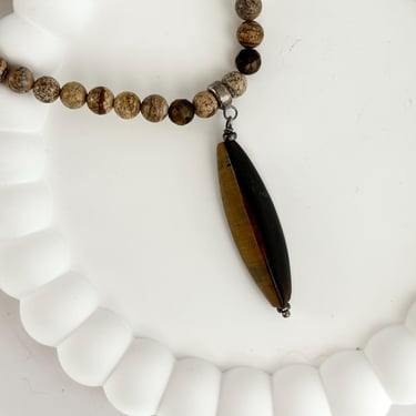 Tiger's Eye Agate Beaded Vintage Long Hand Strung Vintage Boho Long Pendant Necklace - 16
