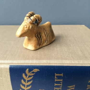Pottery sheep with big horns - vintage ceramic animal 