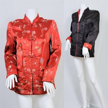 Reversible 1960's Puzzle Quilted Orange Rayon Satin Asian Jacket I Coat I Sz Med 