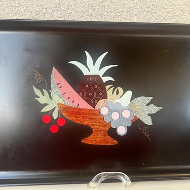 Vintage Couroc black rectangle large tray tropical fruit bowl theme inlaid 18” x 12.5” 