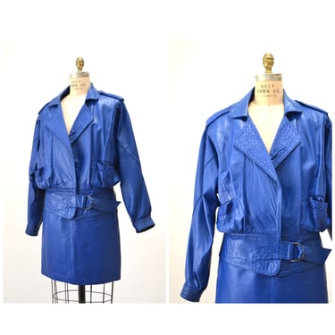 80s 90s Vintage Blue Leather Jacket Skirt Suit Medium 80s Glam Blue Leather Power Suit 80s blue leather Jacket Skirt MEdium El Toro 