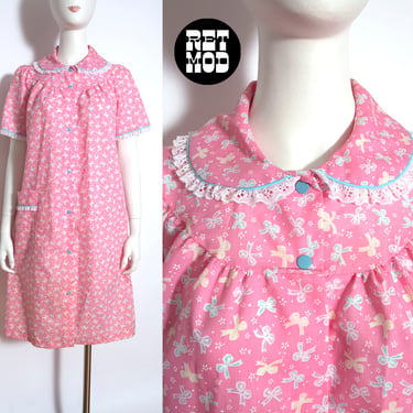 Pretty Vintage 80s Pink Bow Patterned Cotton Housecoat with Peter Pan Collar 