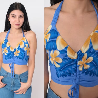 Floral Halter Top Y2K Tropical Tank Top Blue Hibiscus Flower Print Tank Top Low Open Back Drawstring Ruched Vintage 00s Small Medium Large 