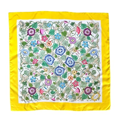 Gucci Iconic Yellow Border Lattice Floral Printed Square Silk Scarf