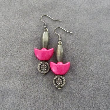 Unique pink howlite and bronze earrings 
