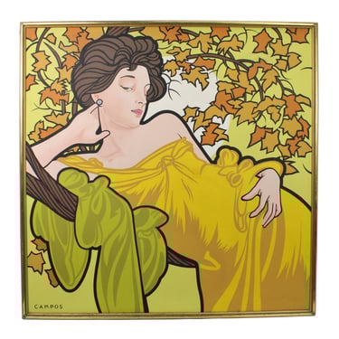 Vintage Art Nouveau Style Portrait of Woman in Yellow Dress Acrylic Painting
