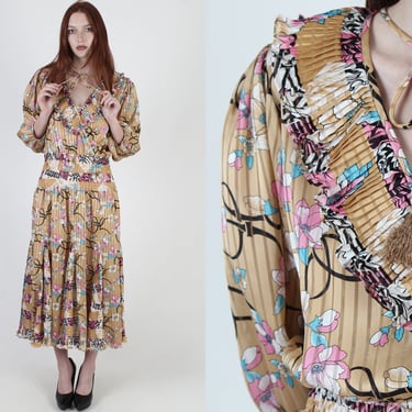 Vintage 80s Diane Fres Dress / Freis V Neck Georgette Dress / Tulip Pleated Full Skirt / 1980s Designer Ruffle Maxi Dress 