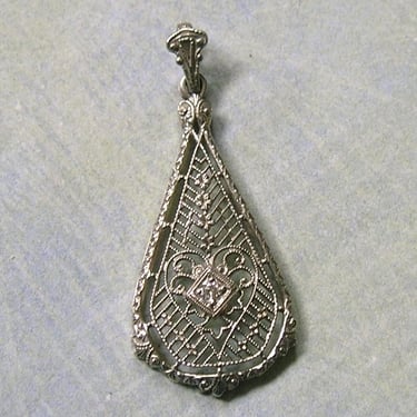 Antique 1930's Art Deco 14K White Gold Filigree Pendant, 14K Gold Deco Pendant (#4521) 