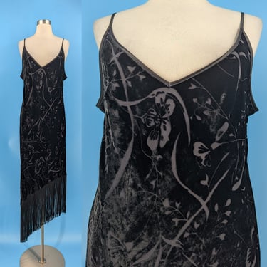 Vintage 90s Robbie Bee XL 16 Black Silk Blend Velvet Burnout Spaghetti Strap Bias Cut Dress with Asymmetrical Fringe 