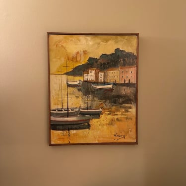 Vintage Nautical Landscape Oil on Canvas Painting Signed Joan Rovira (Spanish 1936-1993) 